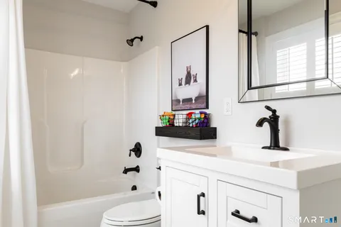 a bathroom with a sink vanity toilet and shower