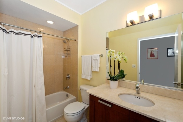744 North Clark Street, Unit 801 Chicago, IL 60654 - Photo 10 of 12 a bathroom with a granite countertop sink a toilet and shower