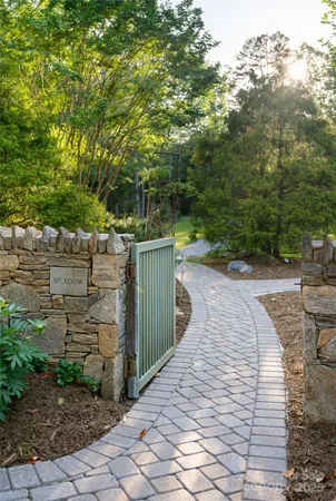 a view of a park with large trees