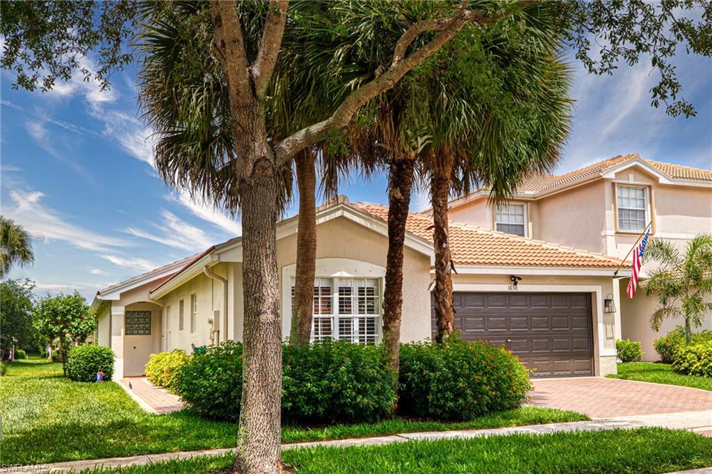 a front view of a house with yard and green space