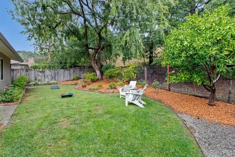 a view of a chair and table in the garden