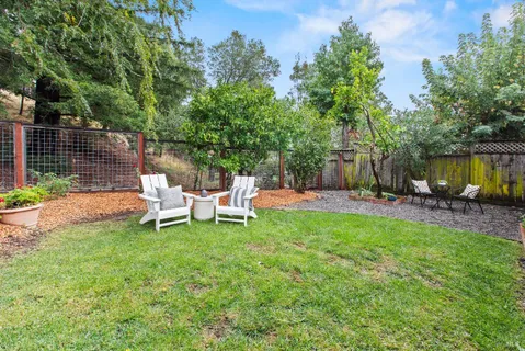 a backyard of a house with a yard and trampoline