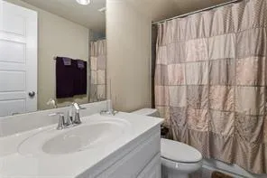 a bathroom with a sink a toilet and shower curtain