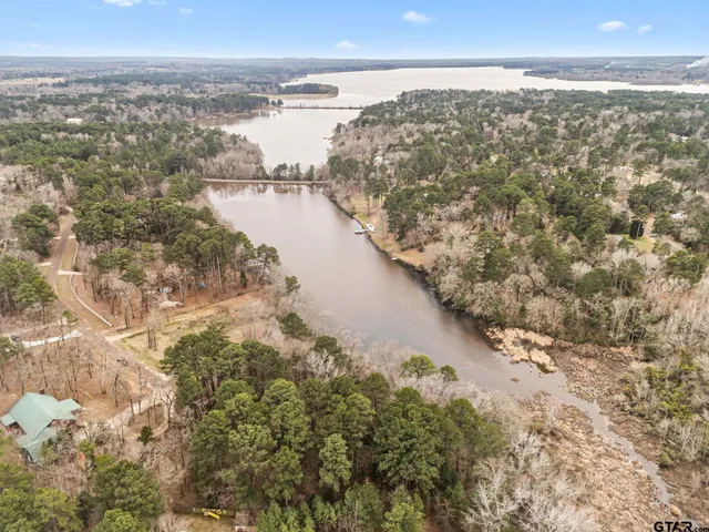 an aerial view of residential houses with outdoor space and river