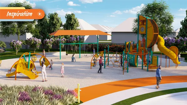 an outdoor space with swimming pool and furniture