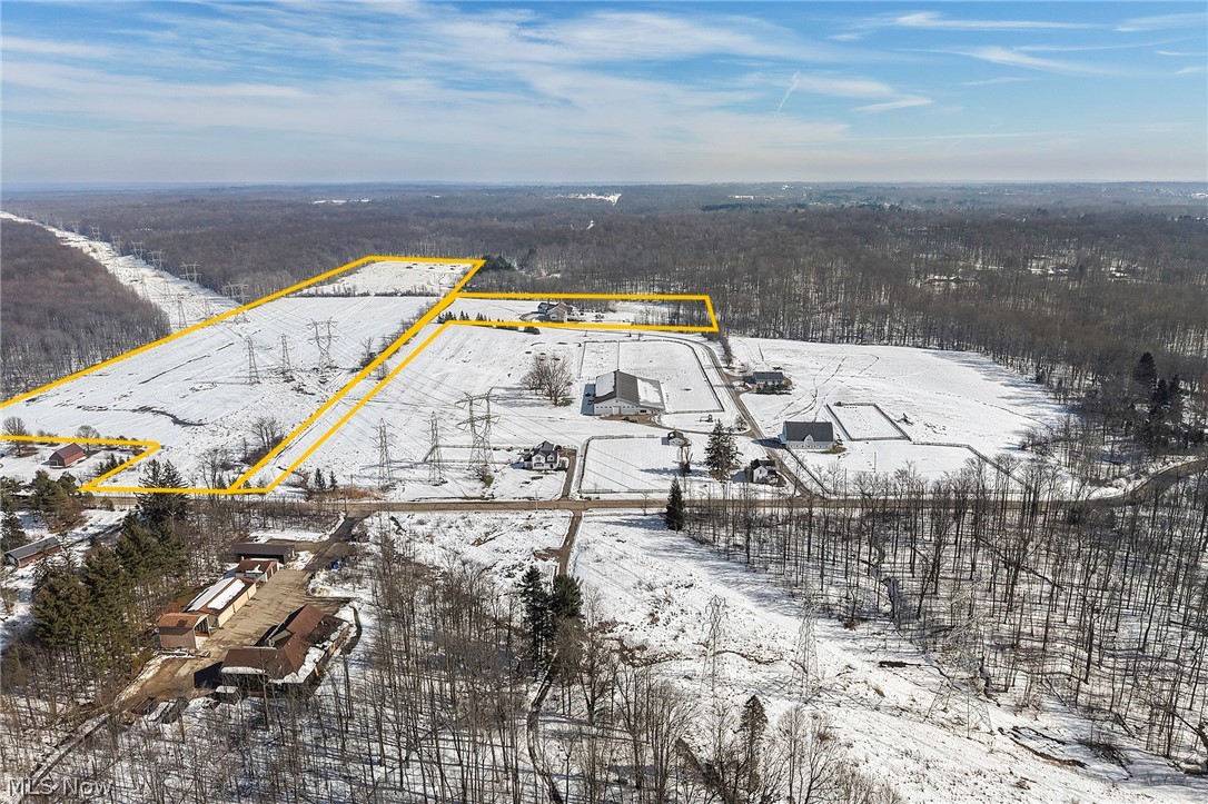 9419 Robinson Road Chardon, OH 44024 - Photo 45 of 46 Snowy aerial view featuring a forest view and property boundaries highlighted