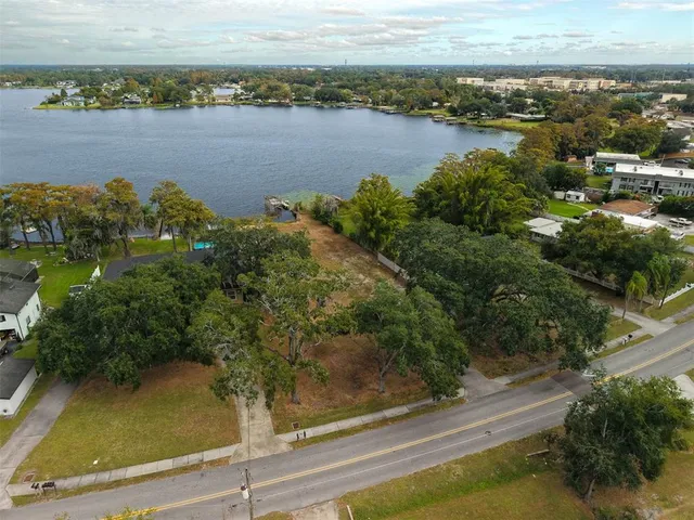 a view of a lake with a city