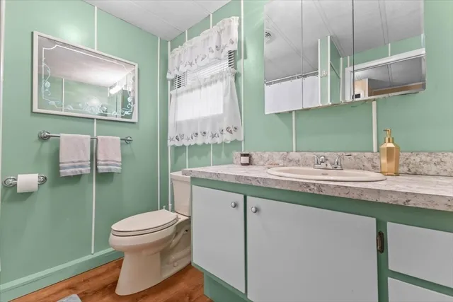 a bathroom with a toilet sink and mirror