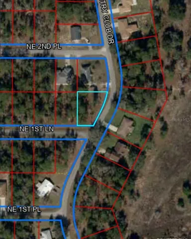 a view of a street with a yard and trees