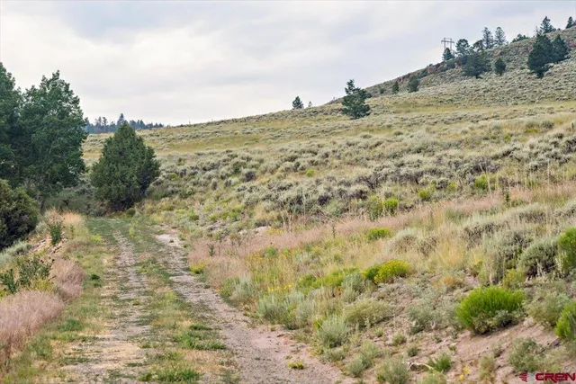 a view of a town with trees