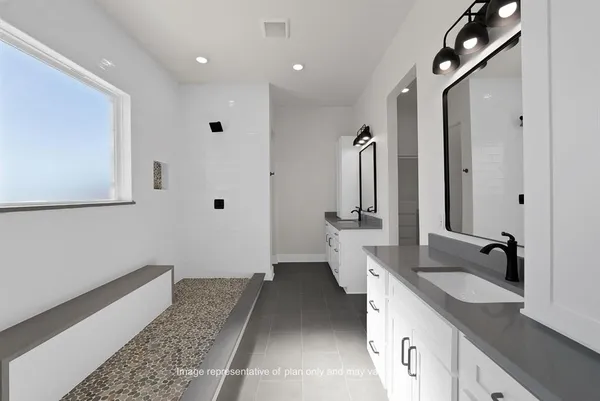 a bathroom with a double vanity sink a mirror and shower