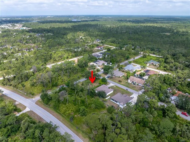an aerial view of residential houses with outdoor space and trees