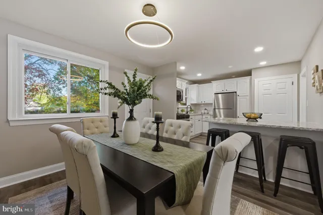 a view of a dining room with furniture and window