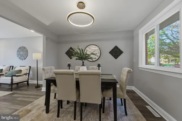 a view of a dining room with furniture a potted plant and wooden floor