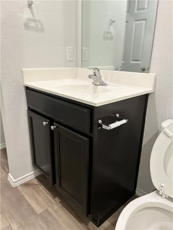 a bathroom with a sink vanity and toilet
