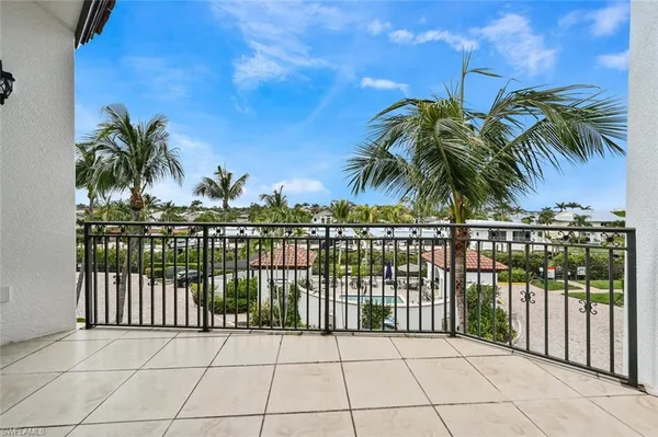 a view of a balcony with a palm tree