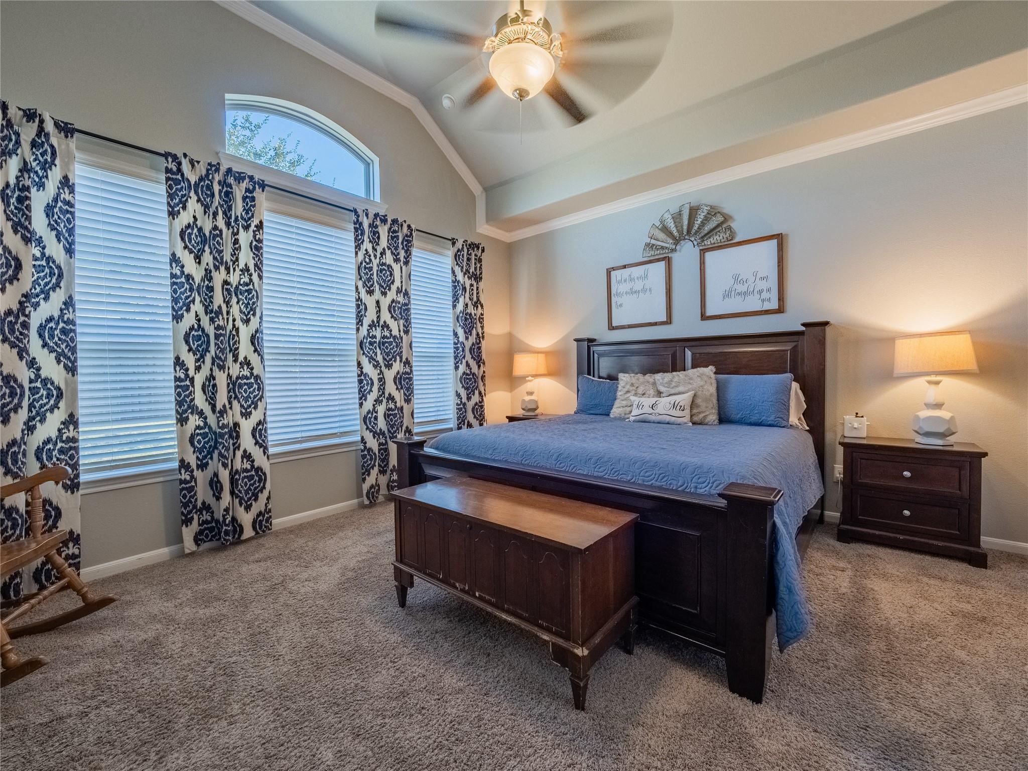 10215 Lewis Lane Iowa Colony, TX 77583 - Photo 22 of 45 Primary bedroom features abundant natural light, a spacious layout, a trey ceiling, and a ceiling fan.