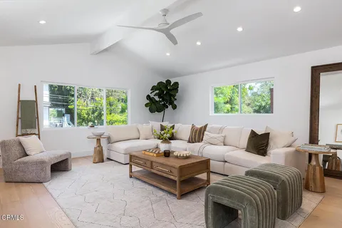 a living room with furniture a lamp and a potted plant