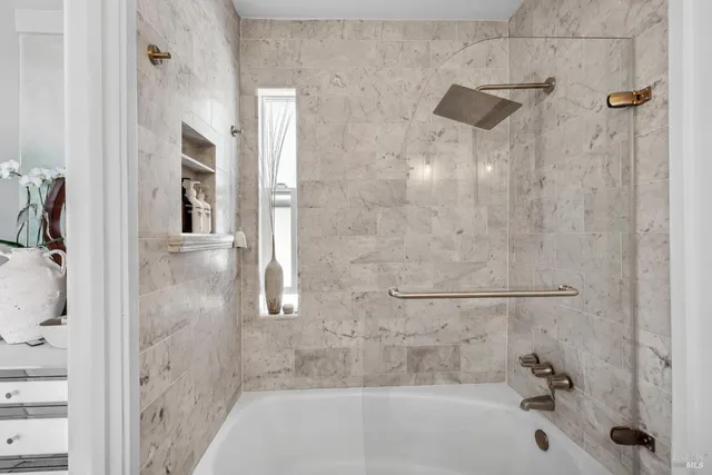 a bathroom with a bathtub