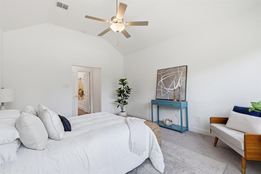 539 Farrell Lane Allen, TX 75013 - Photo 17 of 39 Vaulted ceiling with a contemporary ceiling fan, recessed lighting, and light gray carpet flooring