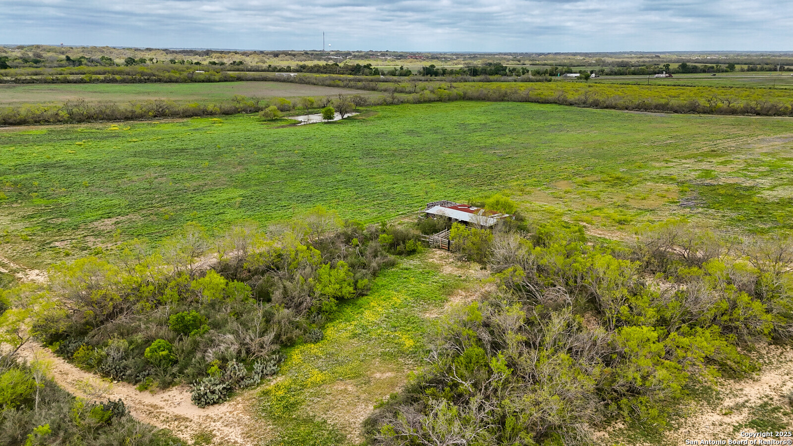 a view of a field with an ocean view