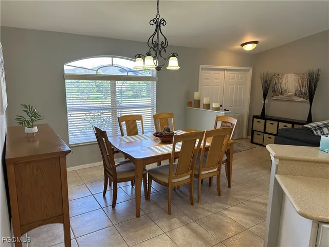 a view of a dining room with furniture window and outside view