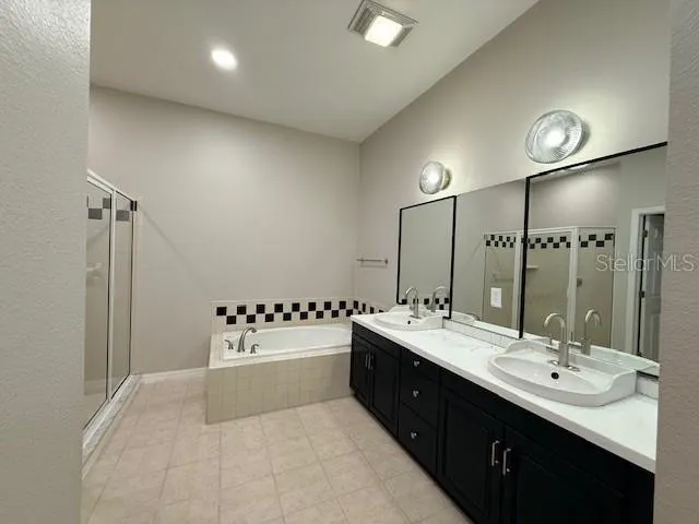 a bathroom with a sink double vanity and a mirror