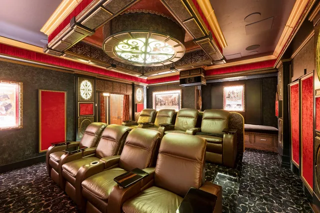 a view of a park with large trees