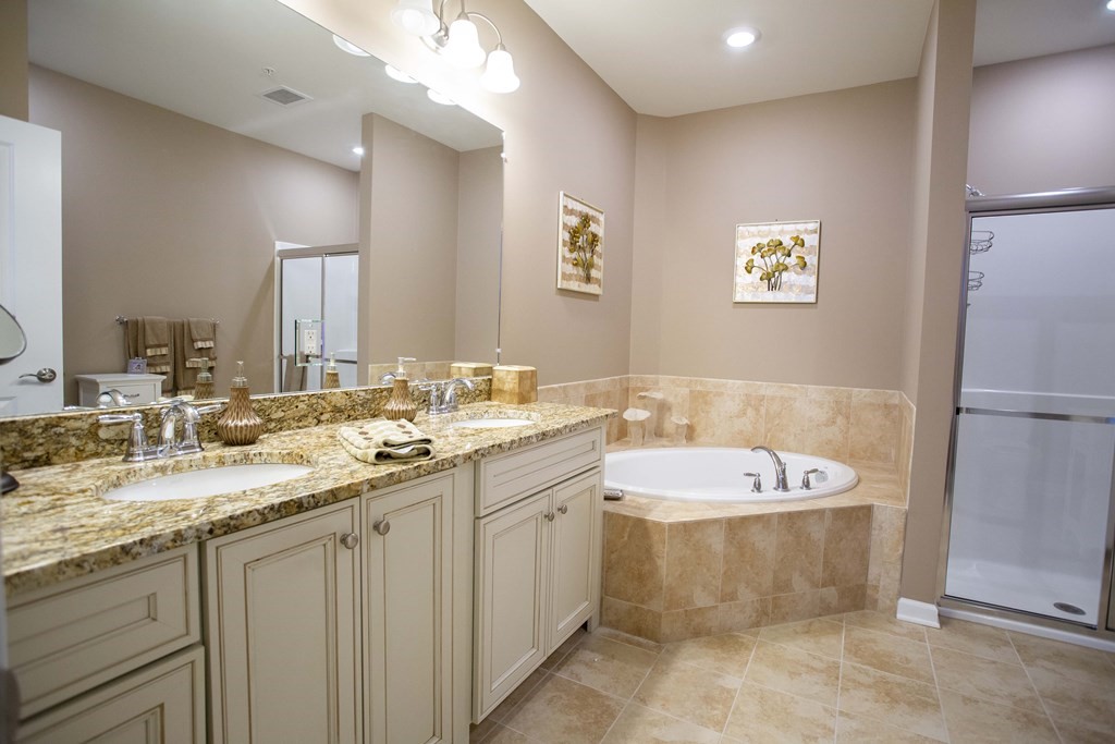 10 Abigail Way, Unit 3004 Reading, MA 01867 - Photo 13 of 32 a bathroom with a sink double vanity granite tub shower and a mirror