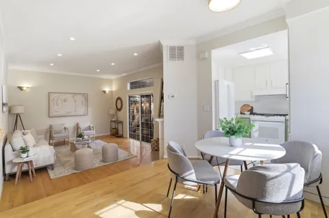a view of a dining room with furniture
