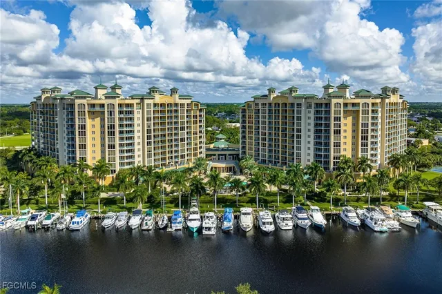 a view of a lake with a multi story building