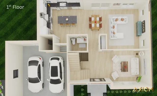 a living room with furniture and a potted plant