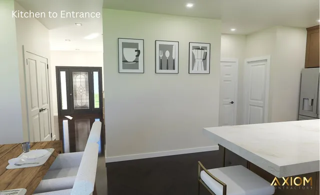 a kitchen with a table chairs sink and cabinets