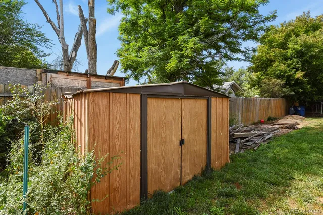 a view of a backyard with potted plants and large tree
