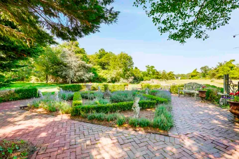 a view of a backyard with plants and patio
