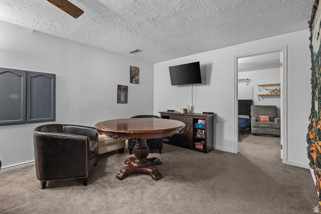 7659 State Street Midvale, UT 84047 - Photo 18 of 33 Carpeted interior space featuring a ceiling fan, built-in wall cabinetry with dark paneled doors, and an open doorway revealing an additional room with shelving