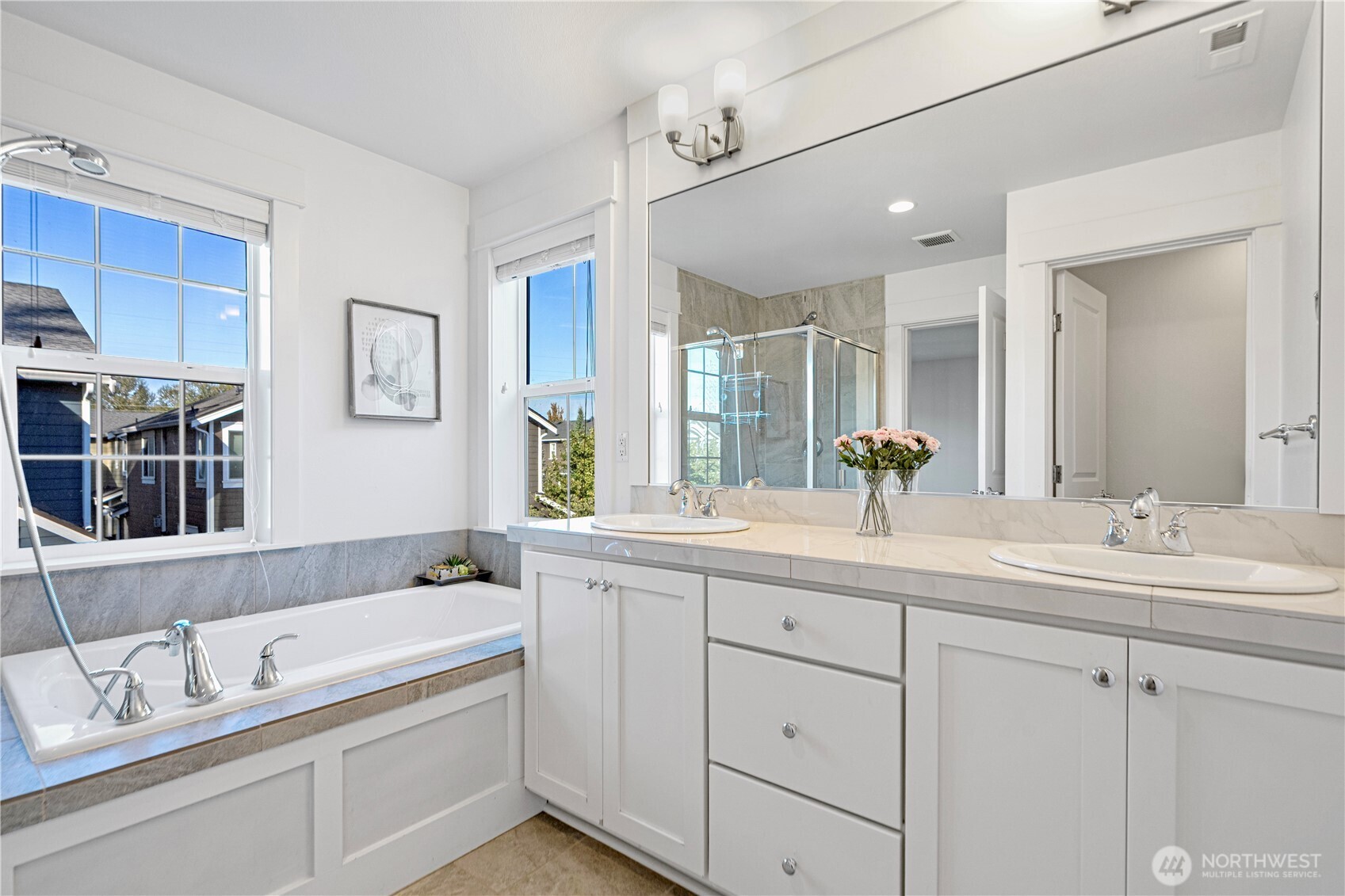 18717 43rd Drive Southeast Bothell, WA 98012 - Photo 14 of 26 a bathroom with a granite countertop sink mirror and double