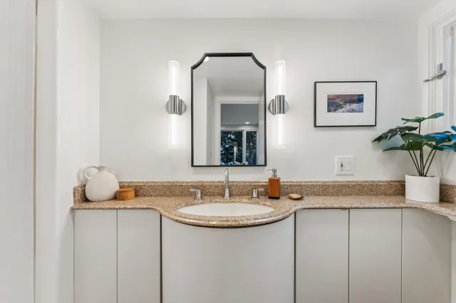 a bedroom with a large bed and potted plant with two dresser