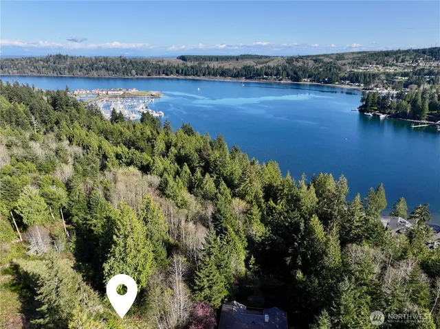 a view of a lake with houses in the back