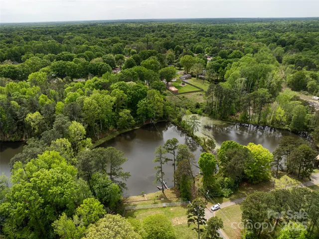 an aerial view of green landscape with trees houses and lake view