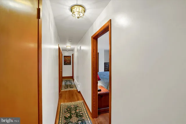 a view of hallway with wooden floor