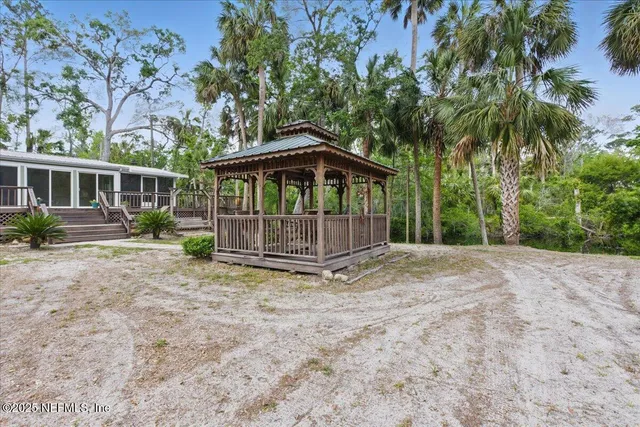 a view of a garden with a slide