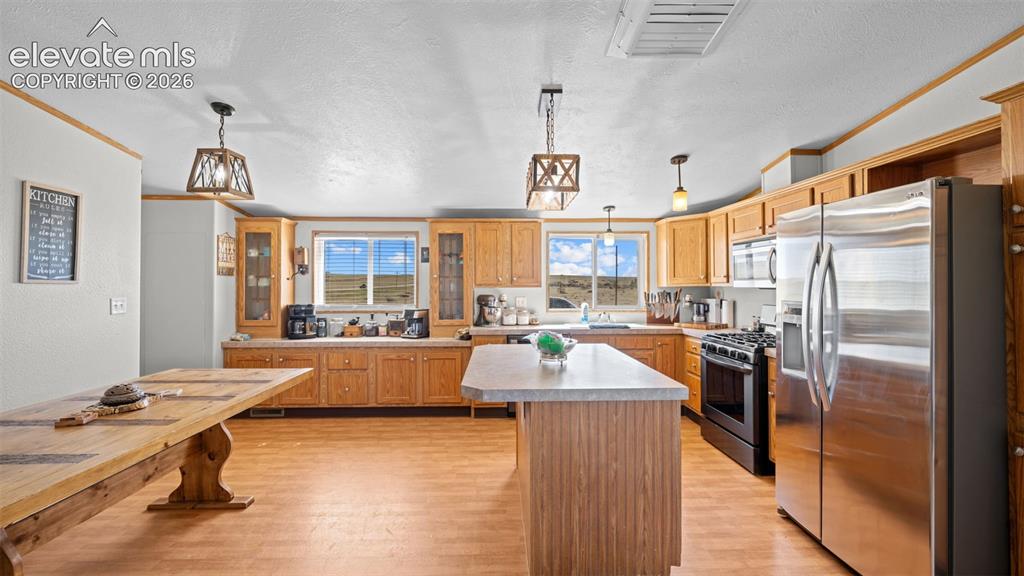 33975 Highway 94 Yoder, CO 80864 - Photo 9 of 40 Spacious kitchen featuring light wood cabinetry, stainless steel appliances, a central island, wood-finish flooring, and multiple windows providing natural light