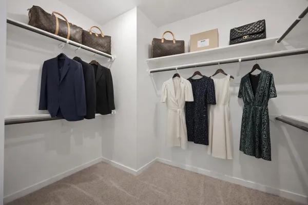 a view of walk in closet with clothes and shoes