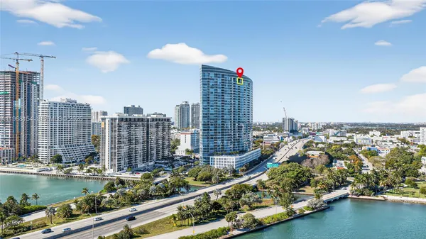 a city view with tall buildings