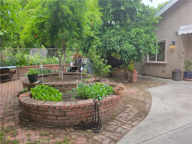 a view of a fire pit with large trees