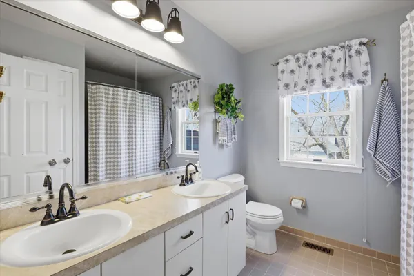 a bathroom with a double vanity sink toilet and a mirror