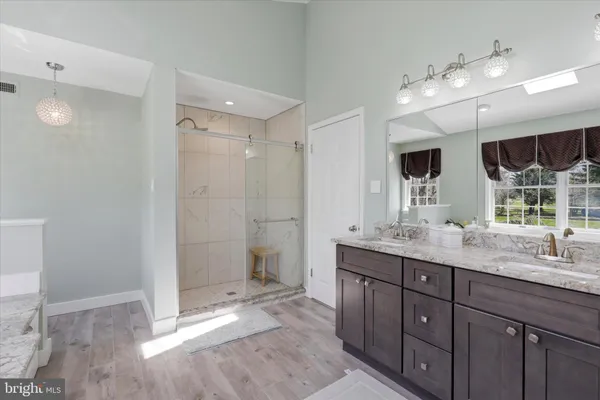 a bathroom with a double vanity sink mirror and shower