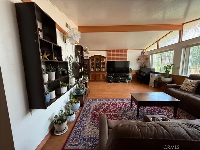 a living room with furniture a rug and a window