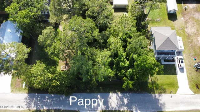 an aerial view of a house with a yard and garden